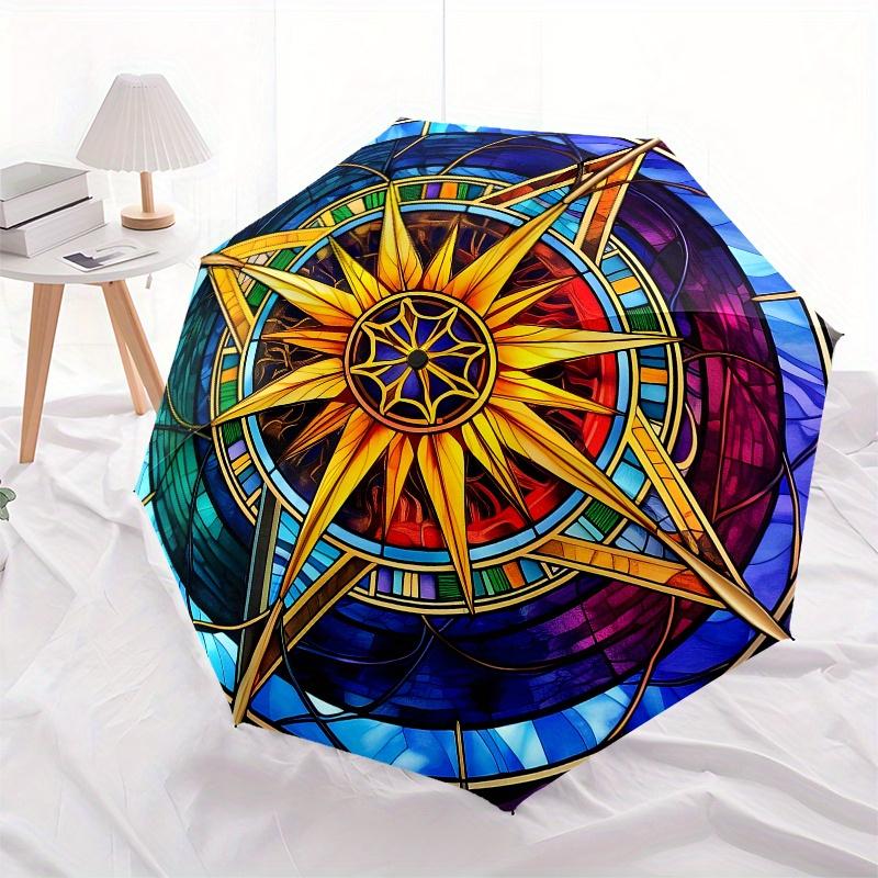 Stained Compass Rose Window ArtUmbrella, Portable 3-Fold Compact Umbrella for Men & Women Gift