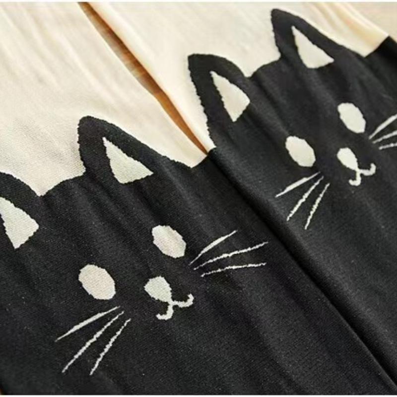 Dámské roztomilé černé kočky potištěné hedvábné podkolenky ležérní stehenní bavlněné teplé vysoké nadkolenky roztomilé romantické ponožky dáma kočka