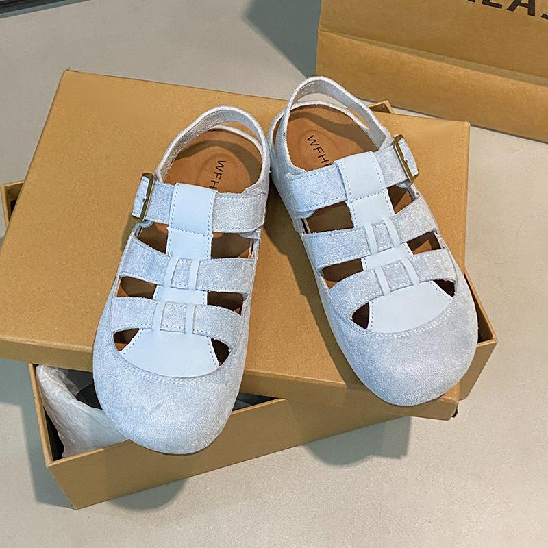Fashion Women's Casual Round Head Flat Shoes Summer New Baotou Cow Suede Metal Buckle Soft Sole Anti-slip Wear-resistant Sandals