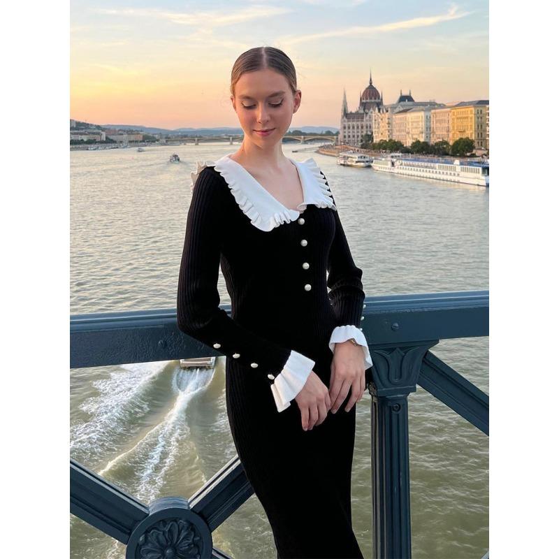 Vintage Women's Dress with Ruffle Edge Knitted Dress Autumn and Winter Wool Dress