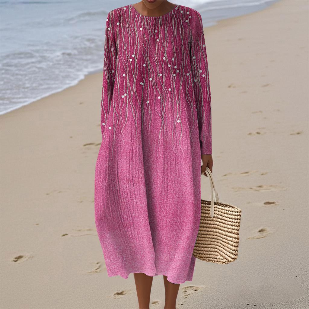 Women's Fashionable Casual Long-Sleeved Round Neck Floral Print Zipper Dress