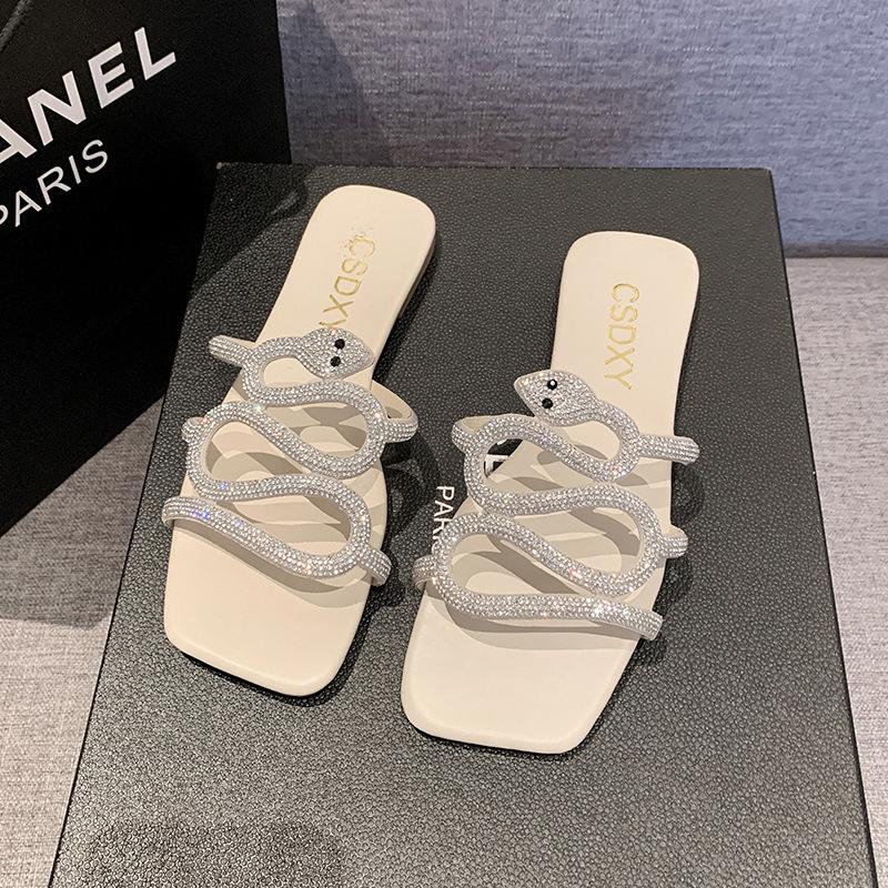 

Потрясающий цвет~ Европейские и американские стразы, высококлассные квадратные тапочки, женские, носят летом, крутые тапочки в форме змеи, женские 35