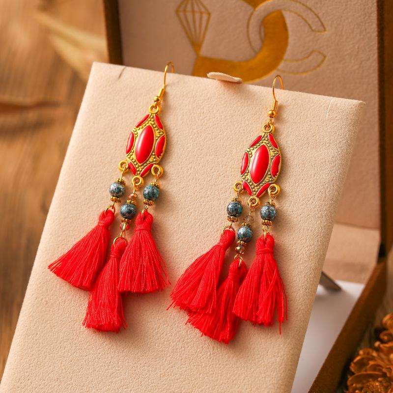

Vintage Fresh Tassel Earrings for Women Boho Ethnic Long Drop Oil Crystal Bead Gold Color Dangle Earring Party Vacation Jewelry красный