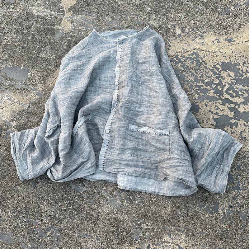 Женская свободная повседневная короткая льняная куртка Ретро плиссированная льняная рубашка One size светло-серый