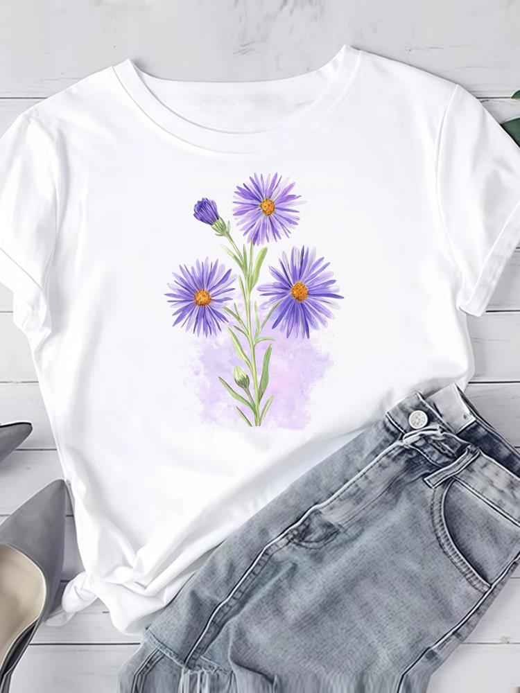 (Asian Size) Clothing T Shirt Women Fashion flower floral cute Tee Top Woman Print Female Short Sleeve Graphic T-shirts