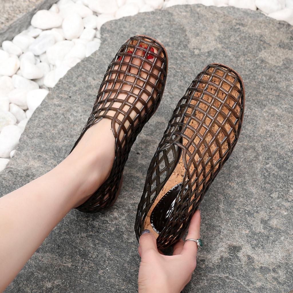 Fashion 2025 Women New Beach Fashion Flat Sandals with Hollow PVC Breathable Summer Outerwear Baotou Bag Breathable Casual Jelly Sandals