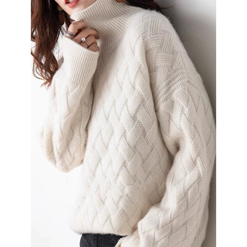 Women's High Neck Knitted Sweater Thickened Loose Fit Overhead Winter Lazy Style Knitwear Comfortable Breathable Casual Top