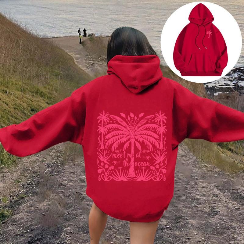 Womens Oversized Hooded Sweatshirt With Palm Tree Print Drop Shoulder Long Sleeve Fleece-Lined Casual Streetwear