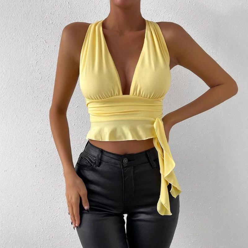 

2025 new sexy hot girl deep V waist slimming design halter suspender top S жёлтый