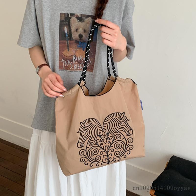 Womens Spring Summer Tote Bag Nylon Cloth Shopping Bag Soft Structure Mobile Phone Pocket Interior Commuting Travel Shoulder Bag