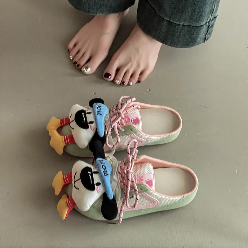 Fashion Retro Doll Accessories Bag Head Half Slippers Women's Summer Design Sense Mesh Casual Versatile Flat Bottom Slippers Tide