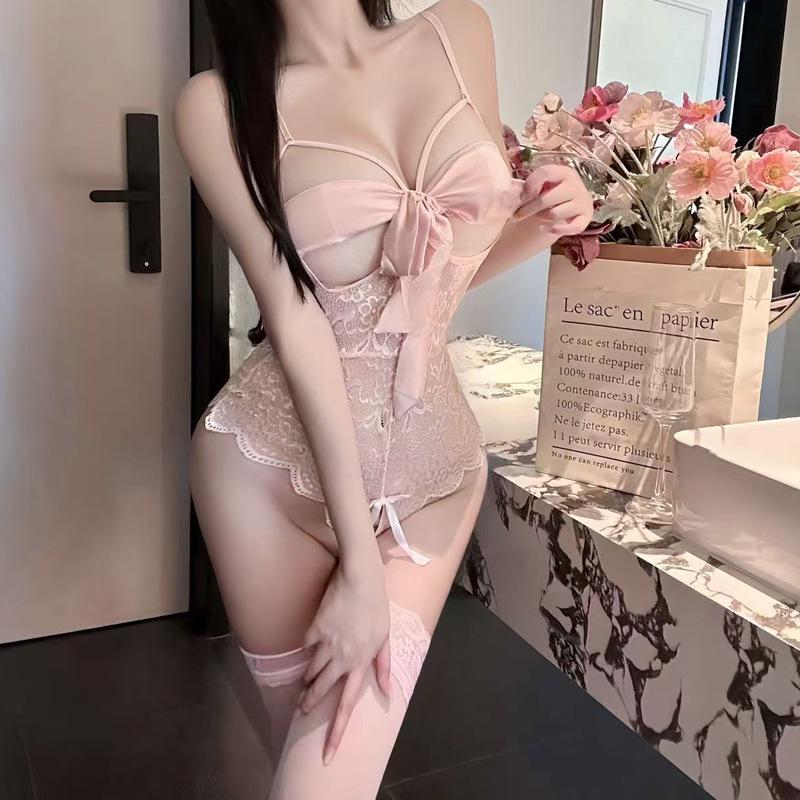 Lace Open Crotch Bodysuit with Bondage Straps - Women's Passionate Bedtime Wear 7042