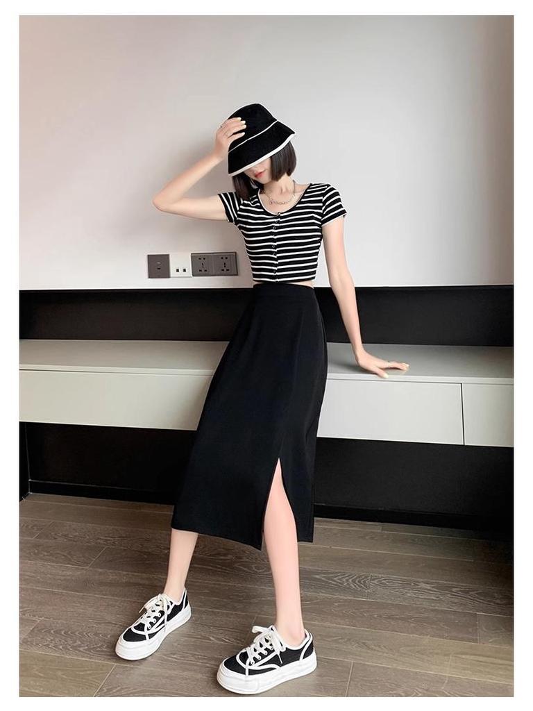 2024 Black A-Line Midi Skirt: High Waist, Slimming, Petite, Versatile for Women - Perfect for Spring/Summer