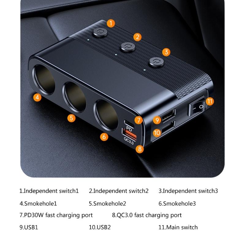 128W Car ChargerAdapter 3 Socket Splitter Charge 4 USB Ports Voltage Display with Independent Switches for Phone Tablet