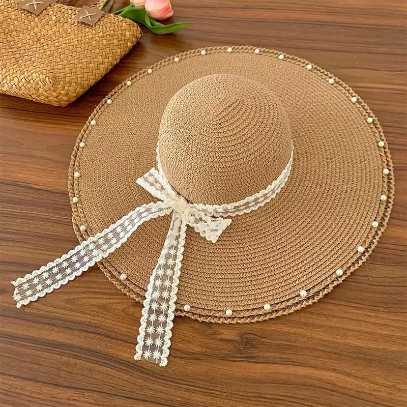 Summer French Big Brim Sun Hat Women's Fashion Ins Seaside Sun Protection Straw Hat Pastoral Pearl Face Small Sun Hat