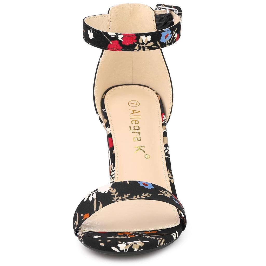 Allegra K Women's Open-Toe Ankle Strap Sandals with Chunky Heels, Black Flowers, Size 26.0cm