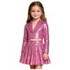 Kinder Mädchen Funkelndes Pailletten Bühnen Set Revers Langarm Ein-Knopf Crop Cardigan Jacke und Faltenrock 2-teiliges Auftritts Outfit
