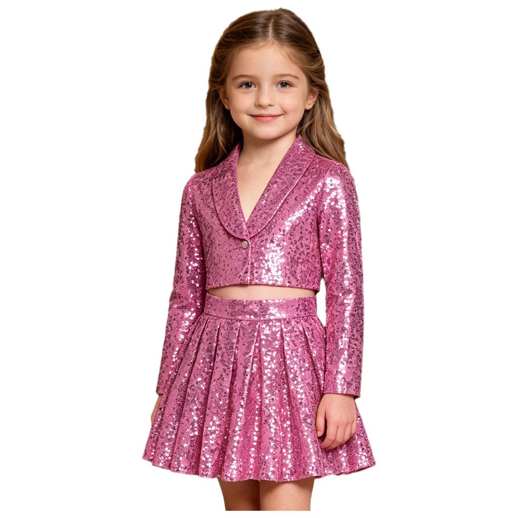 Kinder Mädchen Funkelndes Pailletten Bühnen Set Revers Langarm Ein-Knopf Crop Cardigan Jacke und Faltenrock 2-teiliges Auftritts Outfit