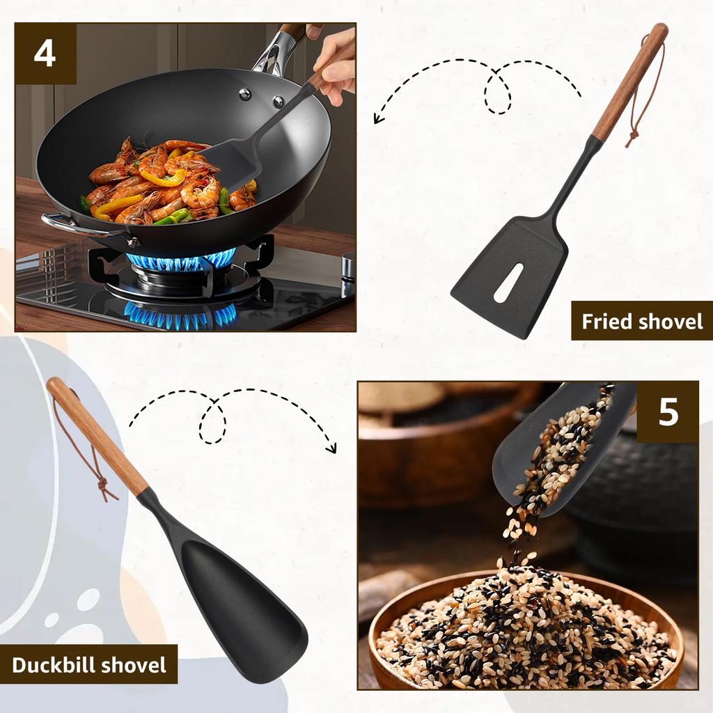 5Pcs Silicone Cooking Utensil Set Non-stick Cookware Heat Resistant Spatula Ladle Set Wooden Handle Cookware Tool Accessoires