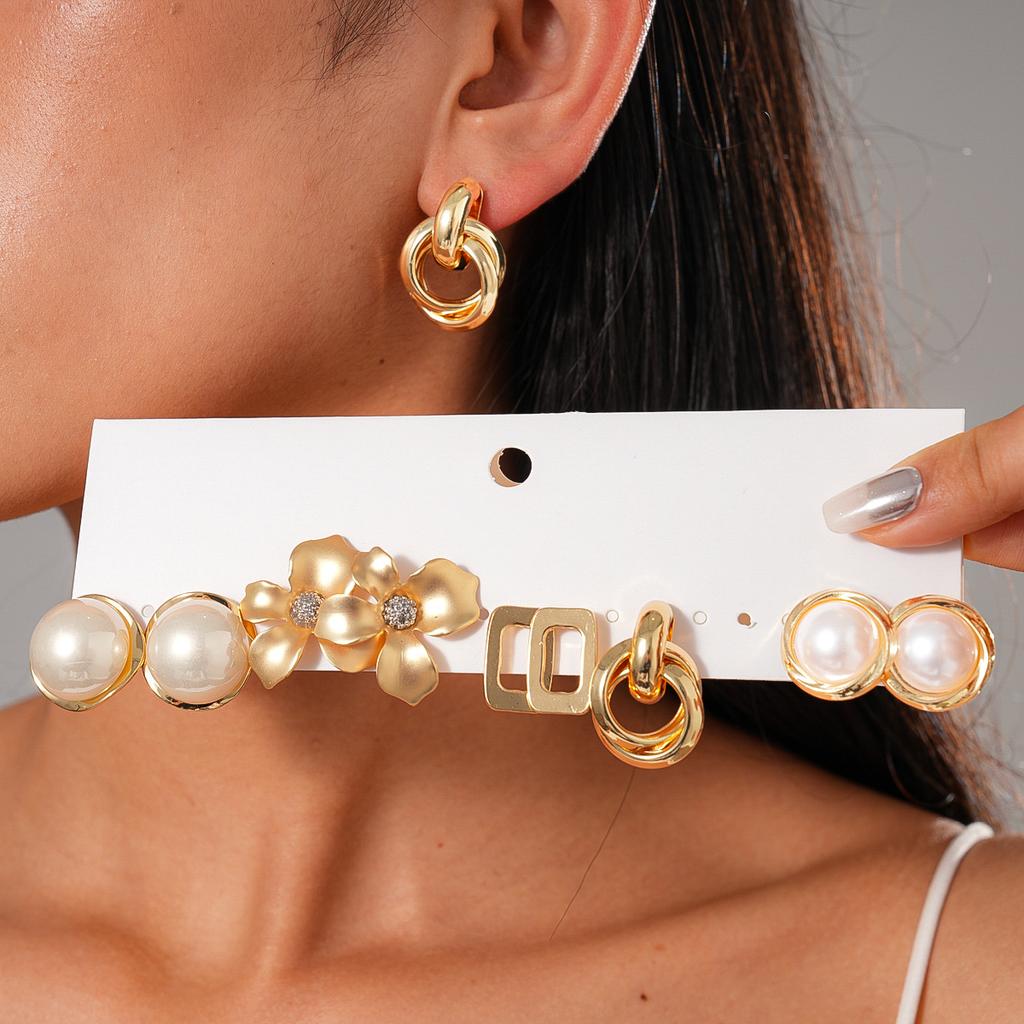 Ten-piece Set of Imitation Pearl Flower Round Square Silver Needle Stud Earrings Elegant Niche Earrings