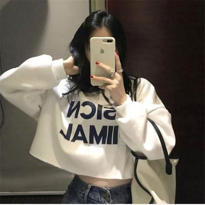 Sudadera corta con capucha y estampado de letras para mujer, sudadera fina de otoño para mujer, suéter holgado de cintura alta con ombligo al descubierto para estudiante.