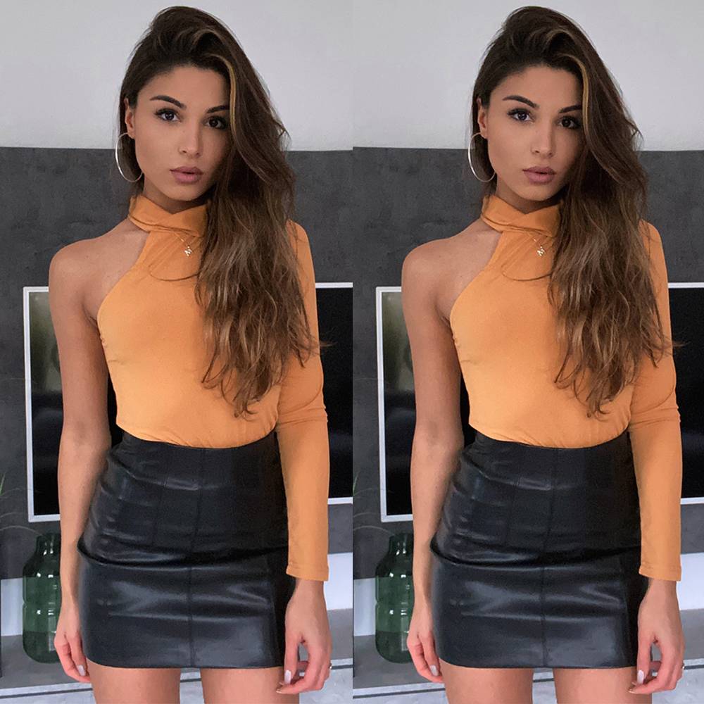 

Женская мода Высокая шея Один боковой рукав с плеча Боди Костюм Сексуальная блузка Топы