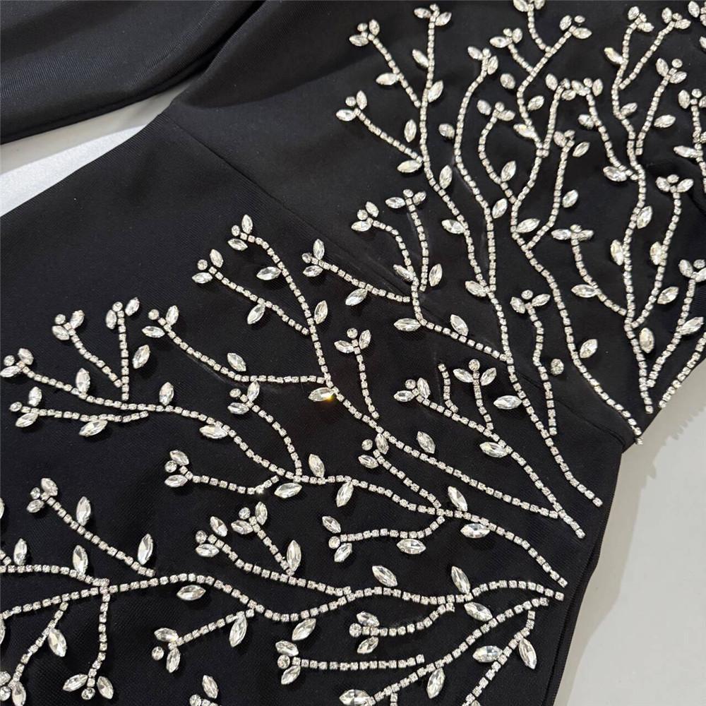 European and American Studded Bandage Long Sleeve Evening Gown - Slim Fit Socialite Party Dress