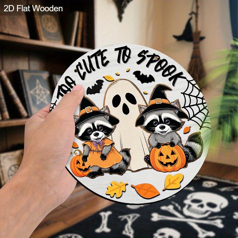 Halloween Wooden Sign with Adorable Raccoon and Ghost Pattern - Figurine Ornaments for Front Door, Wall, Room Decor - Ideal Halloween Gift for Friend