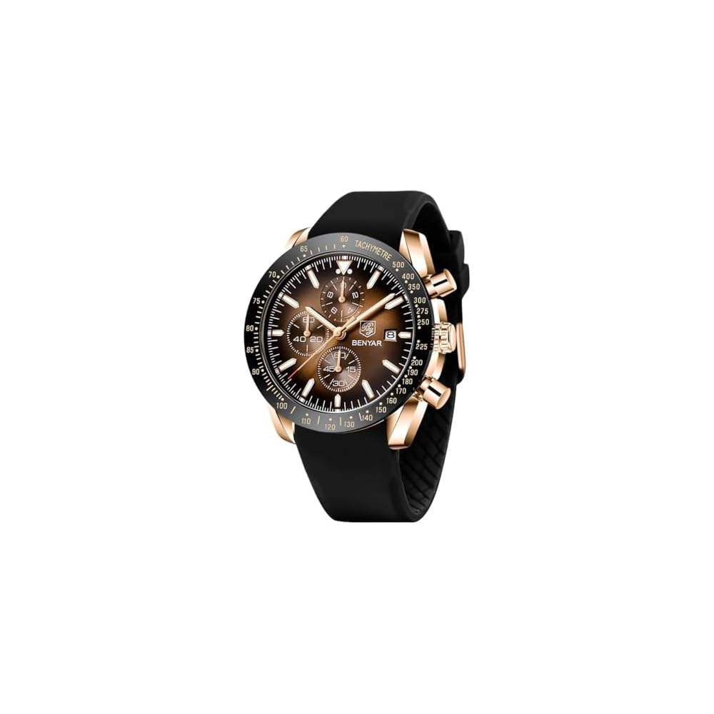 Benyar Men s Analog Chronograph Watch 30M Water Resistant Leather Strap Brown Silver Blue