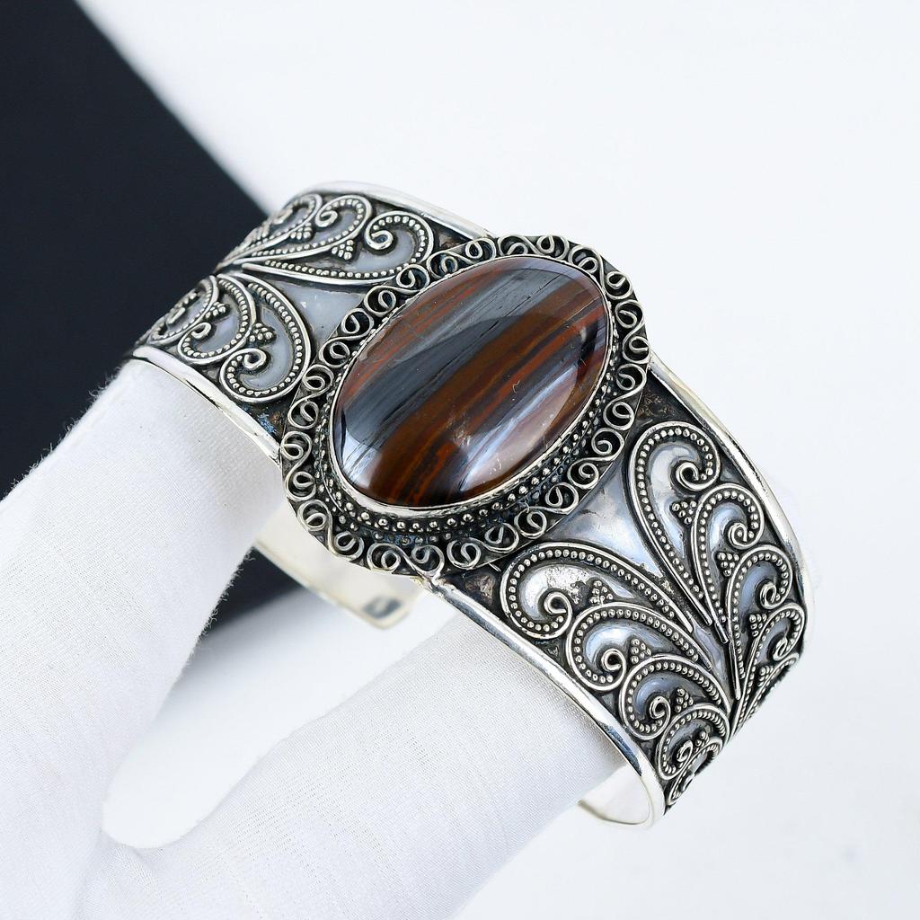 Natural Iron Tiger Eye Gemstone Handmade 925 Sterling Silver Cuff Bangle, Iron Tiger Eye Bangle,For Wife, Unisex Bangle, Wadding GIfts
