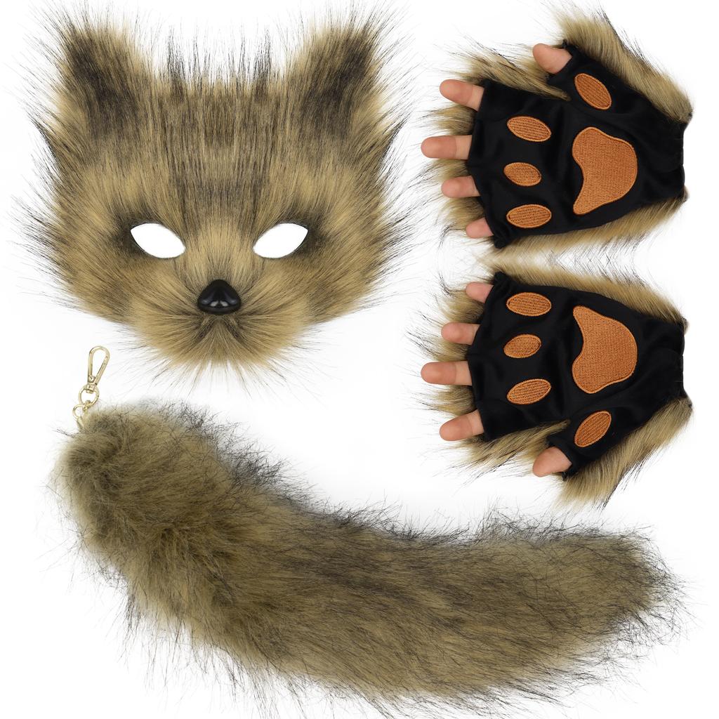 Nadýchaná kožešina Fox Tail Keychain Cat Tlaps Rukavice a Wolf Therian Mask Sada pro Halloween Cosplay kostýmní doplňky