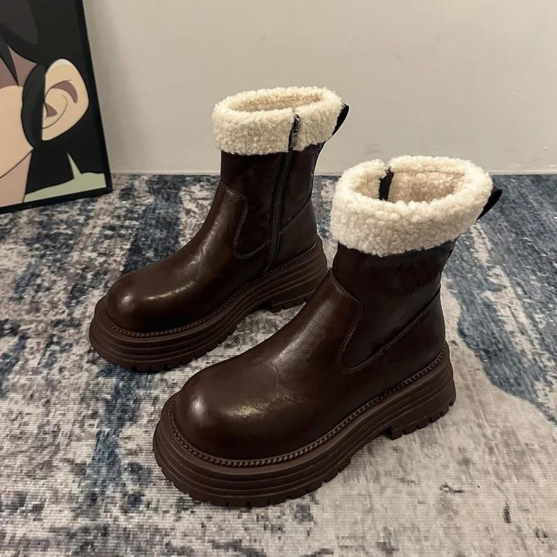 Fashion Platform Women Warm Plush Ankle Boots Fashion Short Booties Concise Thick Heel Women's Cotton Shoes