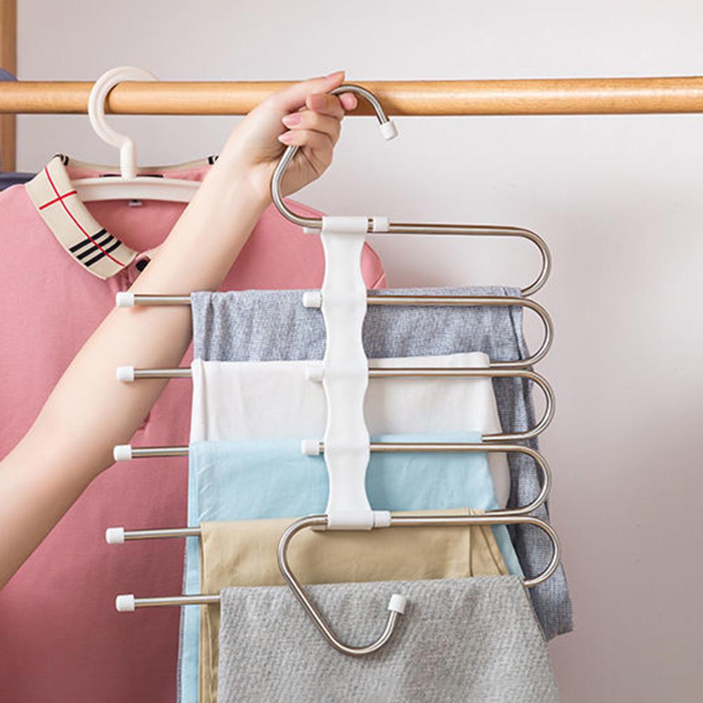 Stainless Steel Folding Clothes Rack Multifunction Telescopic Pants Hanger Space Saving Multi-Layer Pants Rack for Home Storage