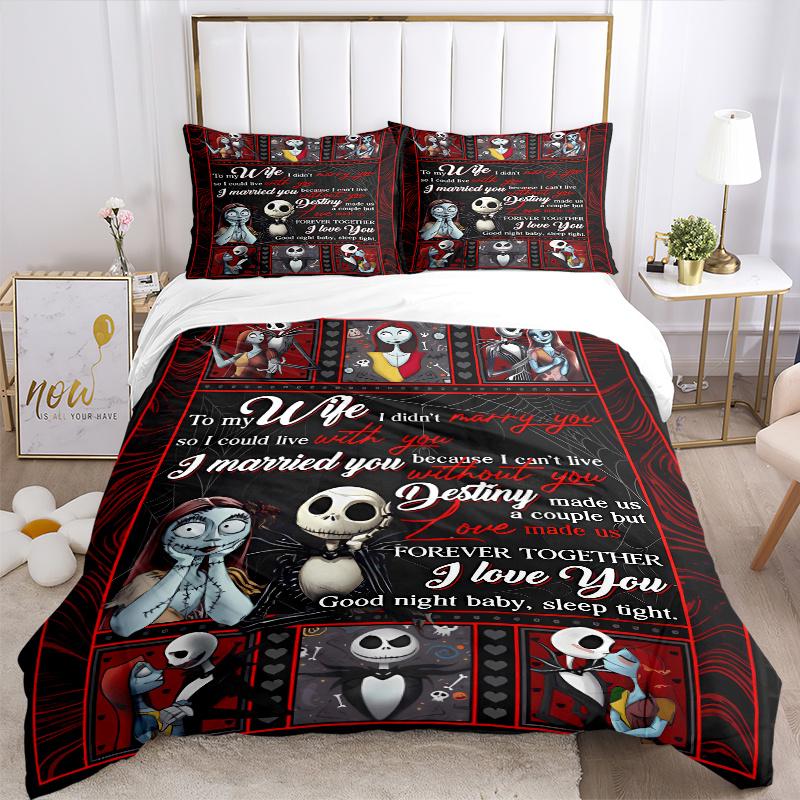 3pcs Jack and Sally To My Wife Bedding Set 1 Soft Quilt Cover + 2 Pillowcases, Machine Washable Suitable for All SeasonsF051