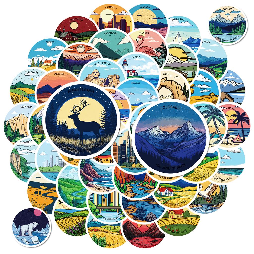 New 50 Pictures of Mainland Landscape Aesthetic Cartoon Graffiti Round Stickers Creative DIY Suitcase Mobile Phone Stickers