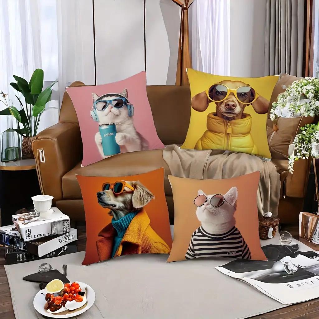 Cats Dogs Wearing Glasses Double-sided Printed Pillow Cover Short Plush Suitable Living Rooms Bedrooms Sofas Throw Cushion Cover