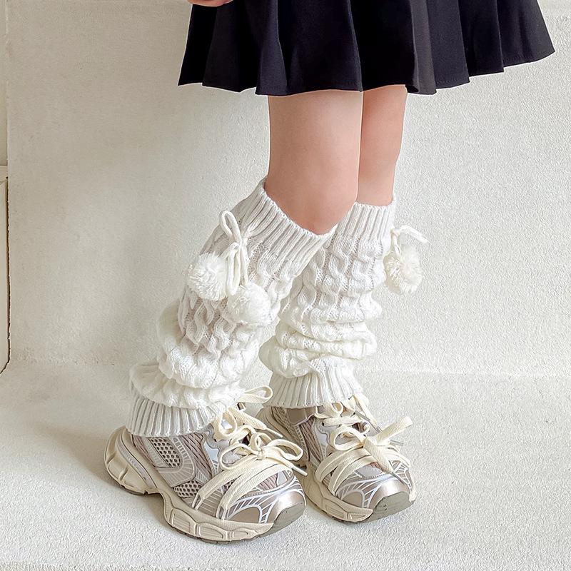 

Korean Style Cable Knit Pom Pom Children s Leg Warmers - Autumn/Winter Fashion Slouch Socks for Baby Girls One Size/42cm білий