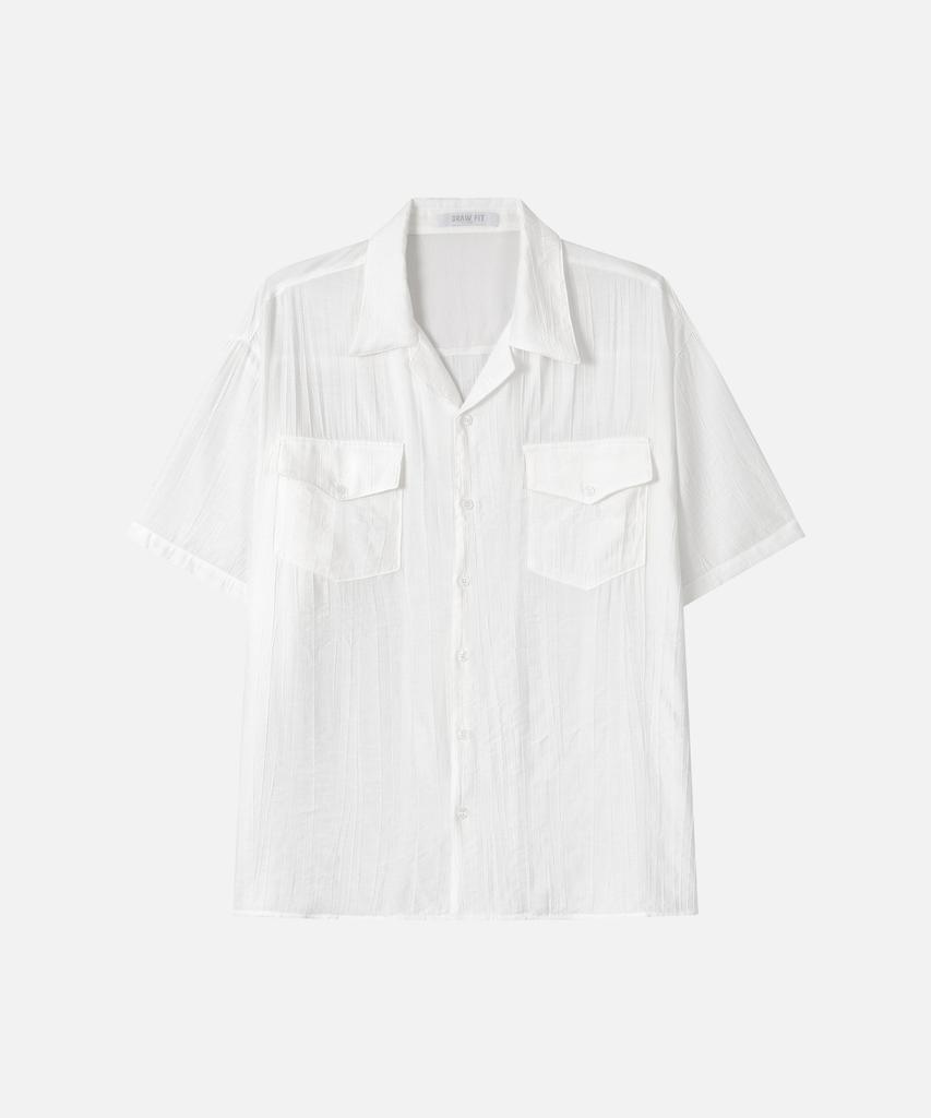 DRAW FIT Sheer Texture Open Collar Half Shirt [White]