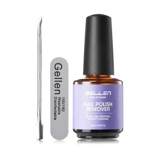 Gellen Gel Nail Remover 15ml Nail Remover Acetone Free Easy Off Nail Friendly Self Nail Gel Off Remover with Steel Pusher Quickly Removes in 3 to 5