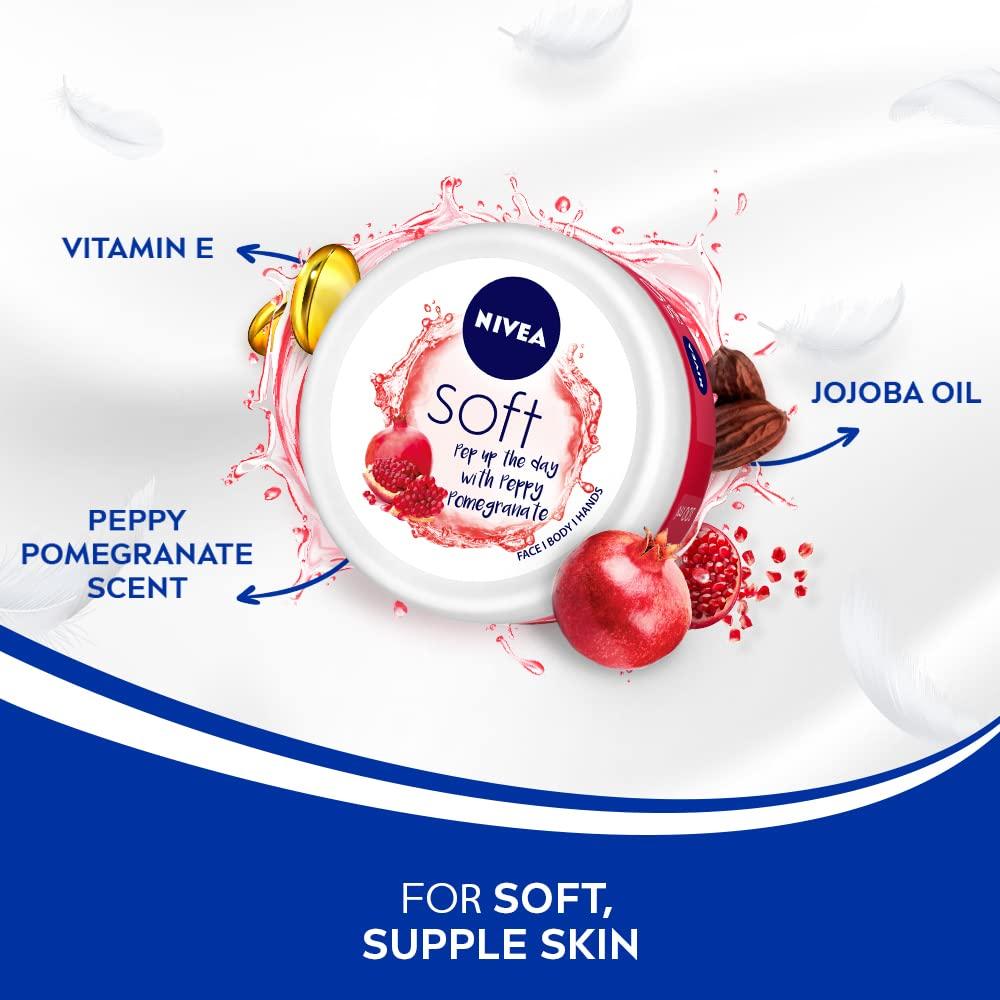 NIVEA Soft Light Moisturizer 200ml | Peppy Pomegranate | Face, Hand & Body, Instant Hydration | Non-Greasy Cream | Vitamin E & Jojoba Oil