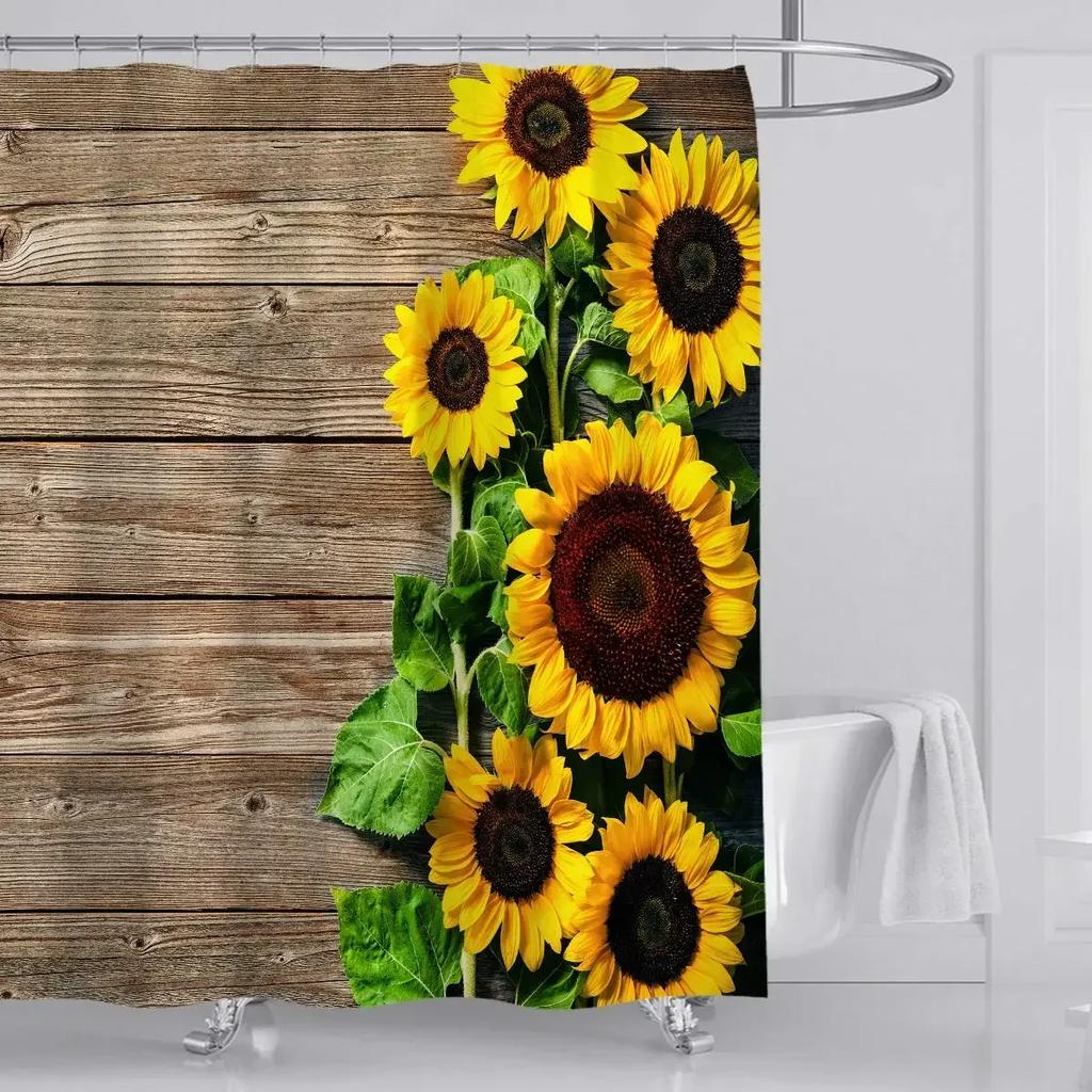 Farmhouse Rustic Shower Curtain Sunflower Autumn Floral Flower On Rural Barn Wooden Fabric Bathroom Curtains with Hooks Sets