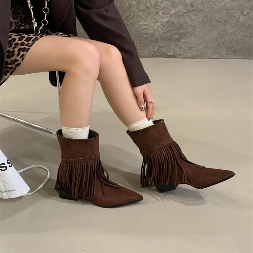 European and American wind slope heel pointed tassel high heel short boots