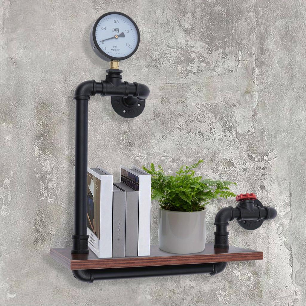 Industrielles Wandregal – Schwebendes Regal aus Massivholz & Stahlrohr mit Wasserzähler & Ventil – Retro-Dekor – 40 x 20 x 57 cm