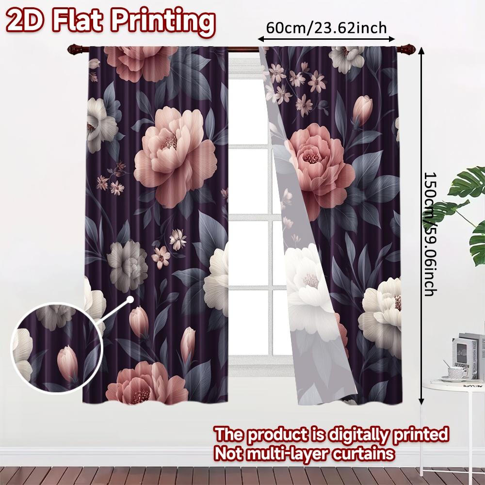 2D FLAT PRINTING 2pcs Curtains (Without Rod) Floral Elegance on Dark Background Easter Festival Minimalist Curtains Prints Light