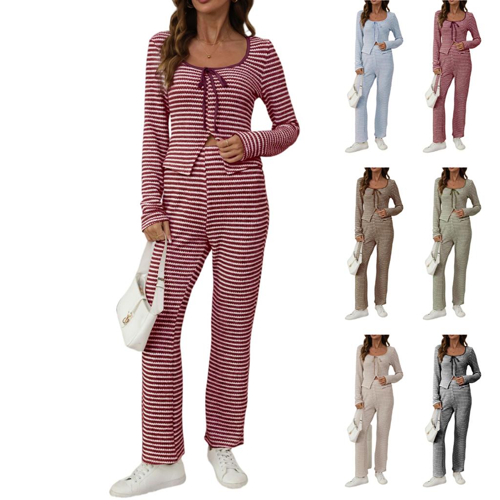 Women's 2 Piece Outfits Sets Ruched Long Sleeve Tops  Wide Leg Pants Tracksuit Sets