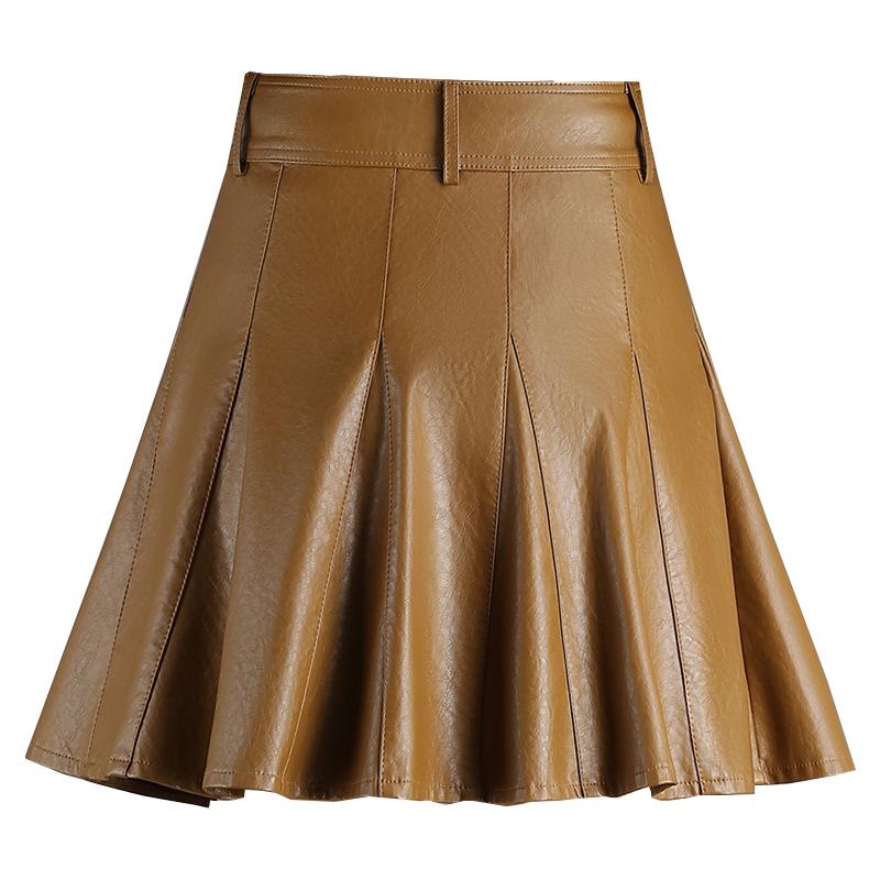 2022 High-Waisted A-line PU Faux Leather Pleated Skirt - Autumn/Winter Women's Stylish Short Umbrella Skirt