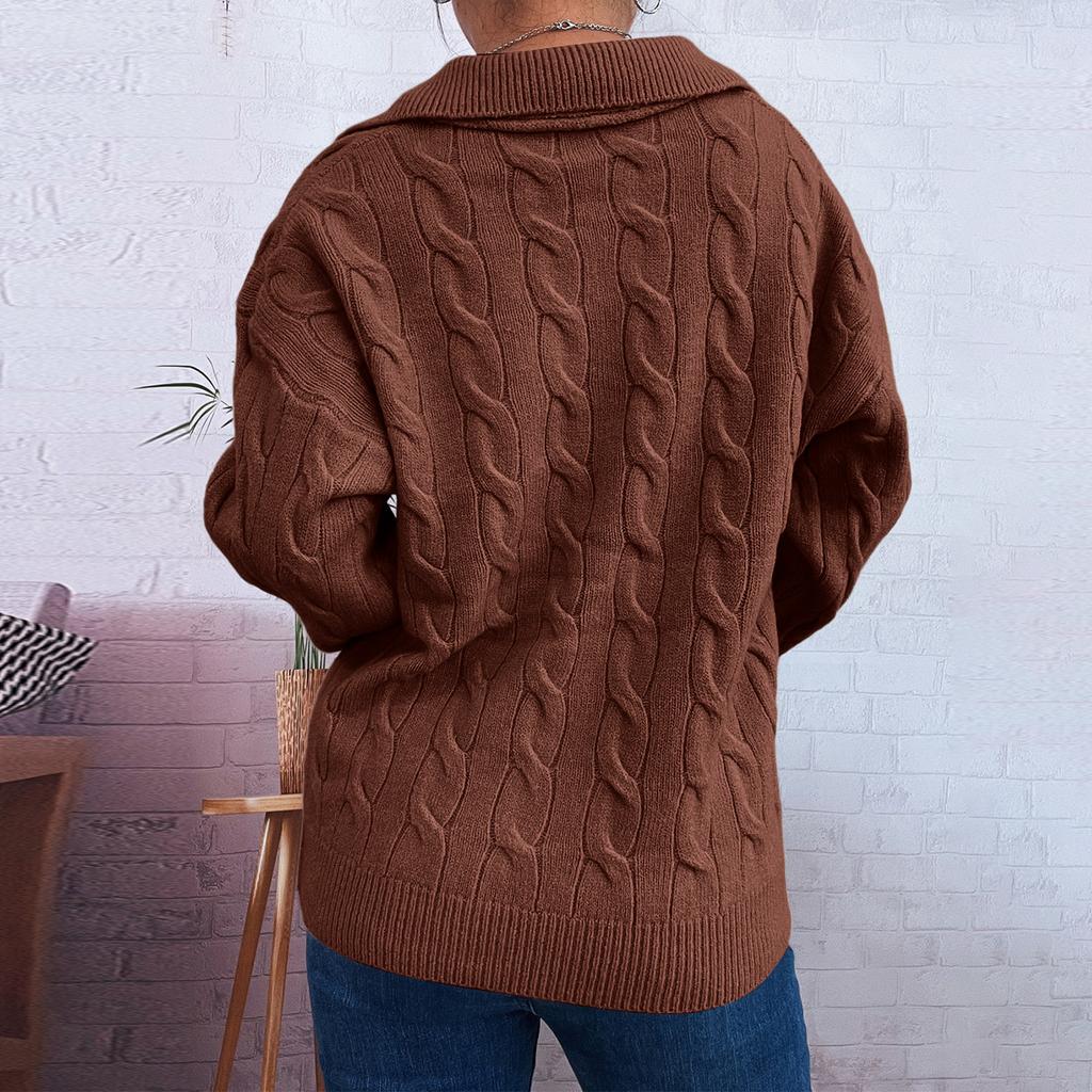 Women's Fashion Casual Loose  Semi-Retro Cable Lapel Long Sleeve Knit Sweater Pullover