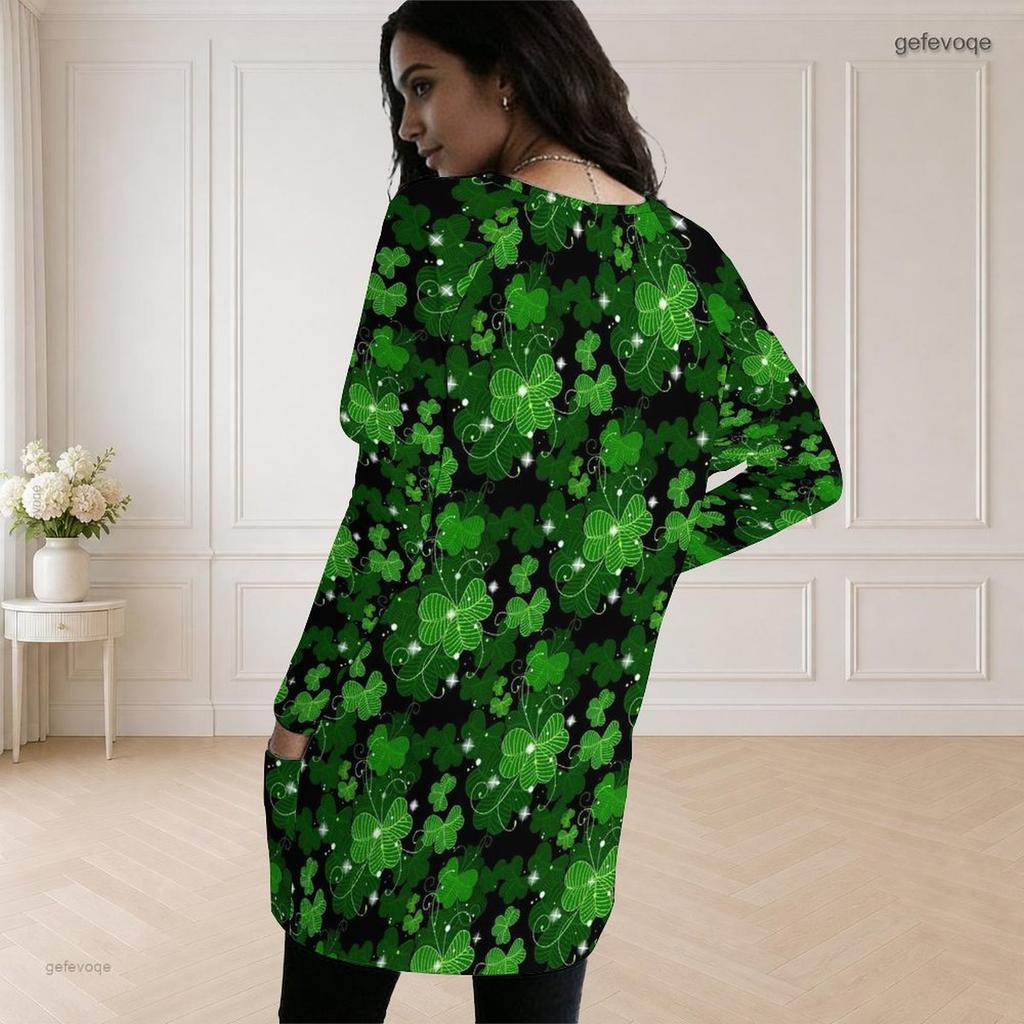 Women Plus Size Round Neck Long Sleeve White Blue Butterfly Print Loose Longline Top With Pockets