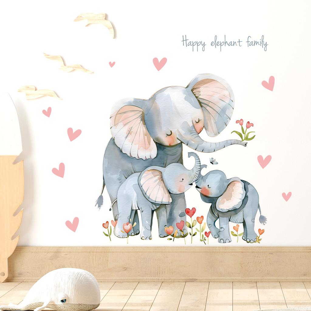 Cartoon Cute Elephant with Hearts and Flowers Wall Stickers, Self-Adhesive Decor for Kids Room Bedroom Decoration