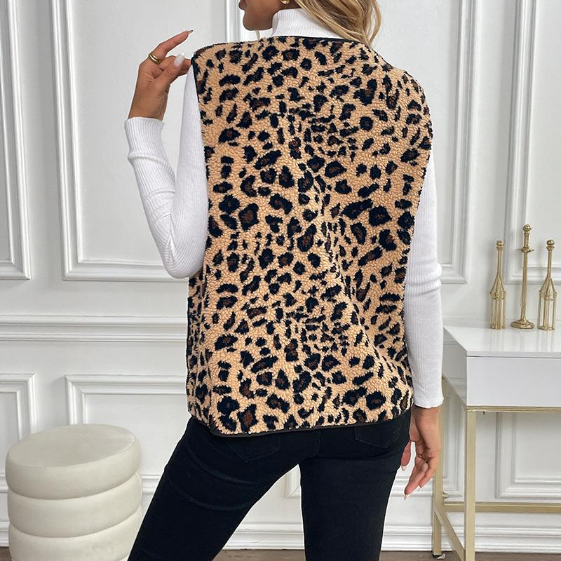 Gilet Senza Maniche Scollo a V da Donna Nuova Giacca Cardigan Stampa Leopardo per Autunno e Inverno